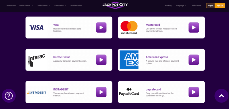 6 different payment options offered by Jackpot City.