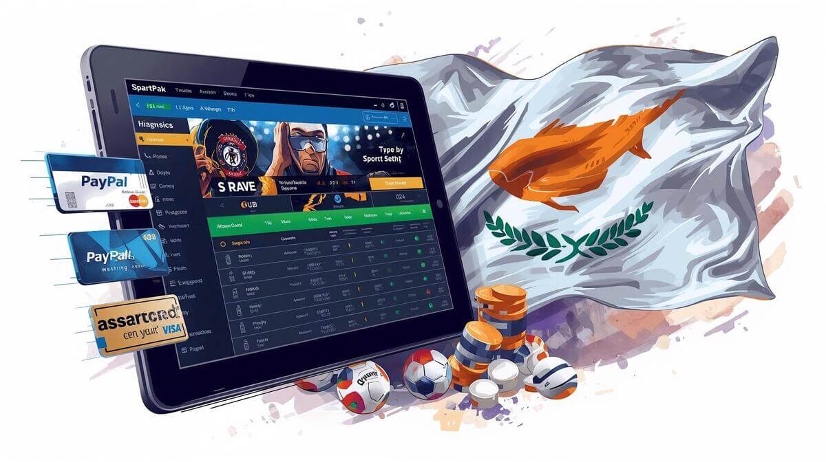 Payment System next to a tablet showing a cypriot sports betting casino.