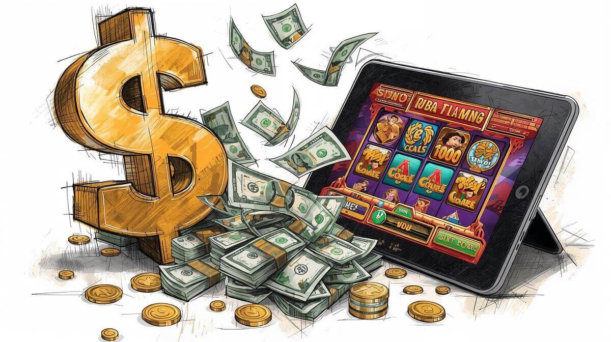 A bonus option symbol with money next to a tablet showing a slot game.